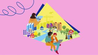Colorful cartoon illustration with people and cityscape.