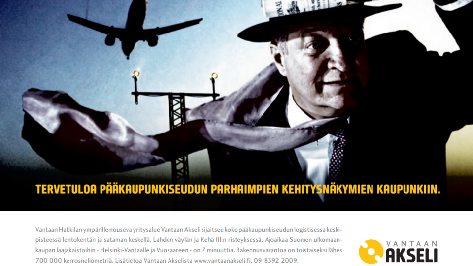 Vantaan Akselin mainos, jossa on mies ja taustalla näkyy lentokone. 
